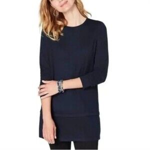 J Jill Talia Merino Wool Navy Blue Tunic Pullover Knit Sweater Soft Warm Sz MP